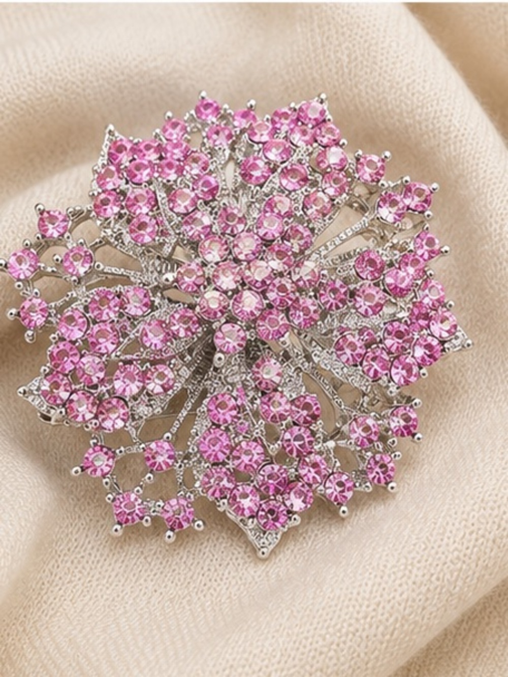 Designer Inspired Pink Rhinestone Floral Brooch Pin